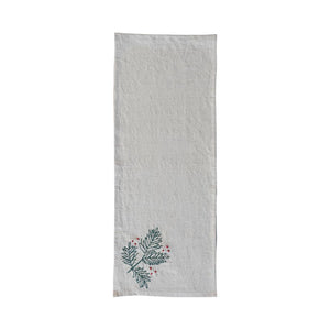 Embroidered Linen Table Runner w/ Holly & French Knots