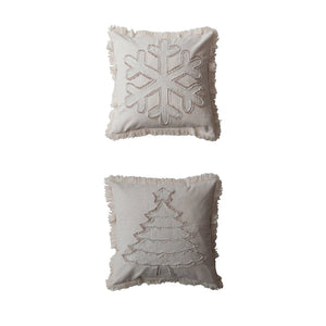 Cotton & Linen Pillow w/ Tree/Snowflake & Fringe