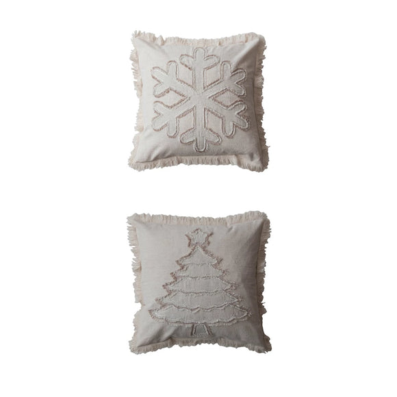 Cotton & Linen Pillow w/ Tree/Snowflake & Fringe