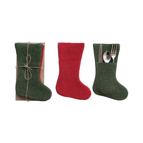 Green & Red Jute Stocking-Shaped Cutlery Sleeve Set