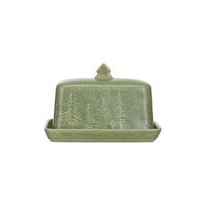 Green Debossed Stoneware Butter Dish w/ Tree Detail