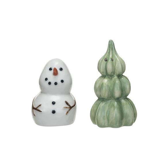 Stoneware Snowman & Tree Salt & Pepper Shaker Set