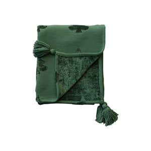 Green Woven Jacquard Throw w/ Trees & Tassels