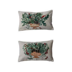 Arrangement-Printed Canvas Pillow w/ Pom-Poms