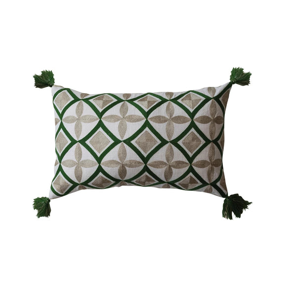 Green & Gold Embroidered Lumbar Pillow w/ Tassels