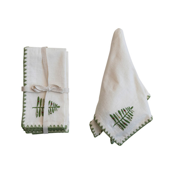 Embroidered Napkin Set w/ Tree & Stitched Edge