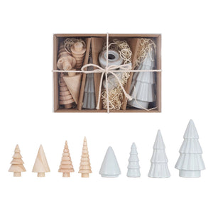 Box of Stoneware & Wood Holiday Trees