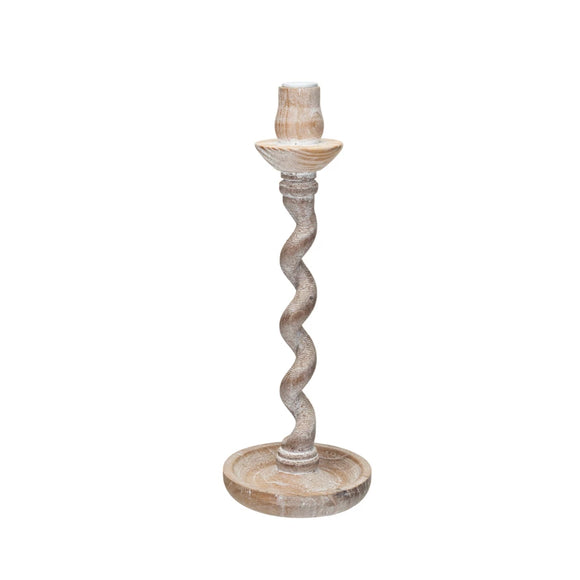 Whitewashed Spiral-Carved Wood Taper Holder