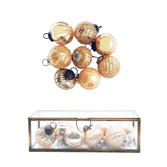 Embossed Gold Mercury Glass Ornament Set in Case