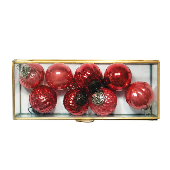 Embossed Red Mercury Glass Ornament Set in Case