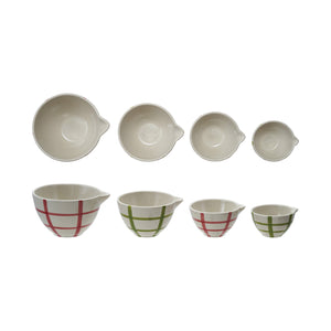 Green & Red Grid Stoneware Prep Bowl Set