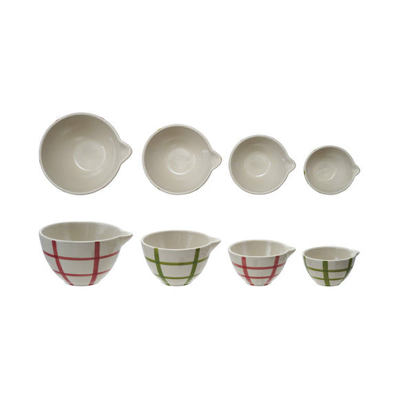 Green & Red Grid Stoneware Prep Bowl Set