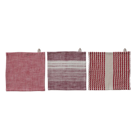 Red Striped Cotton Waffle Dish Cloth Set