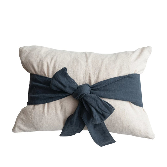 Cotton Lumbar Pillow w/ Navy Bow