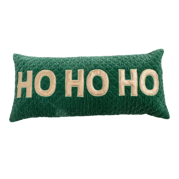 Green & Gold Quilted Lumbar HO HO HO Pillow