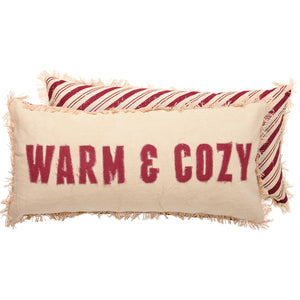 Cream & Red Canvas "Warm & Cozy" Pillow