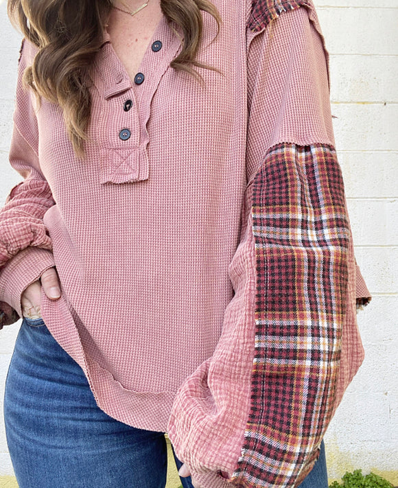Posey & Plaid Waffle Knit Top