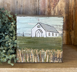 Jill Harper 5" Church in Field Canvas Painting