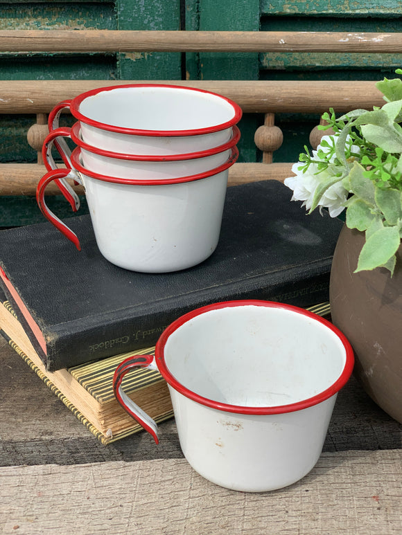 Four Vintage White and Red Camping Cups