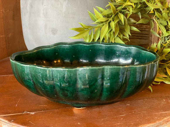 Vintage Ribbed Green Pottery Planter