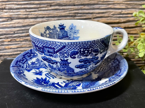 Vintage Blue Transferware Teacup & Saucer Set