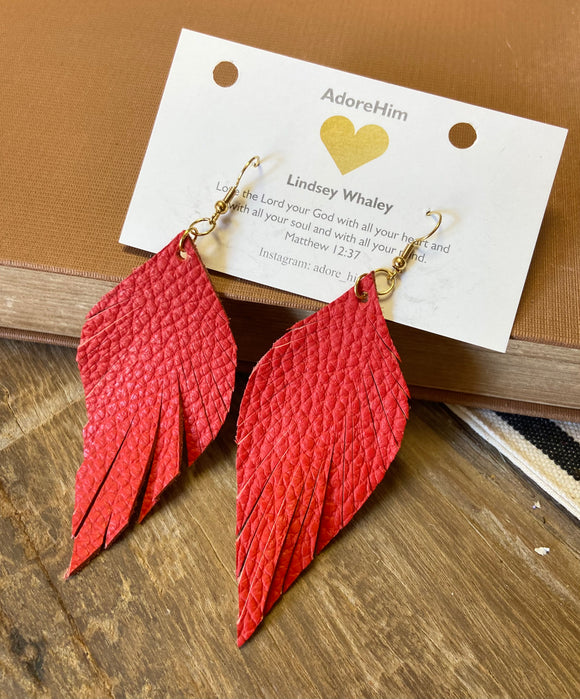 Handmade Red-Orange Leather Feather Earrings