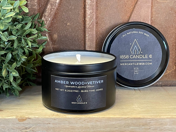 Amber Wood + Vetiver 6oz Candle in Travel Tin