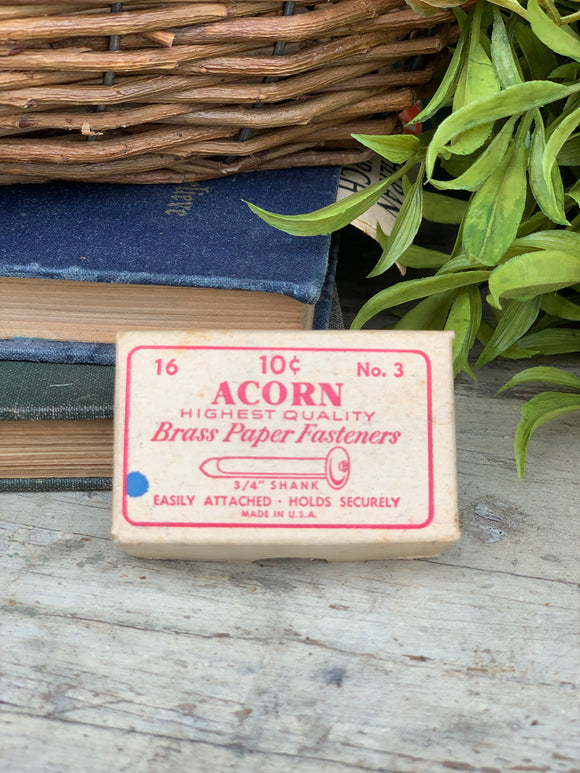 Vintage Acorn Brass Paper Fasteners Box