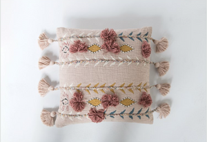 Square Mauve Embroidered Pillow w/ Tassels & Applique
