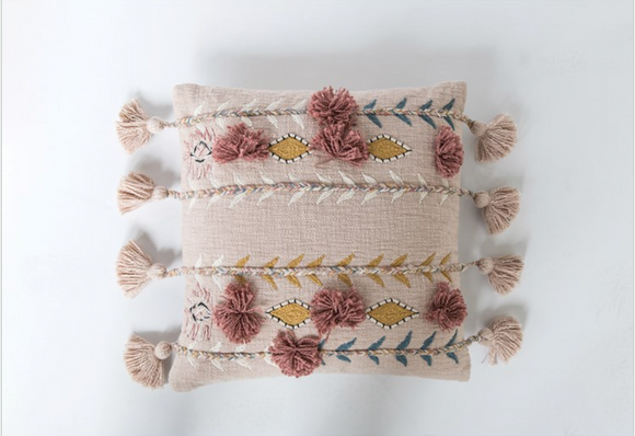 Square Mauve Embroidered Pillow w/ Tassels & Applique