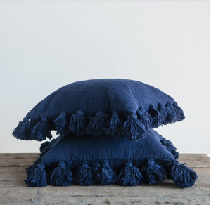 Navy Square Cotton Pillow w/ Tassels