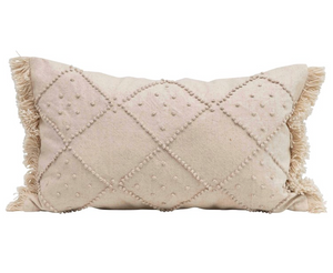 Cream French Knot & Fringe Lumbar Pillow