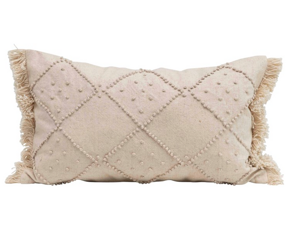 Cream French Knot & Fringe Lumbar Pillow