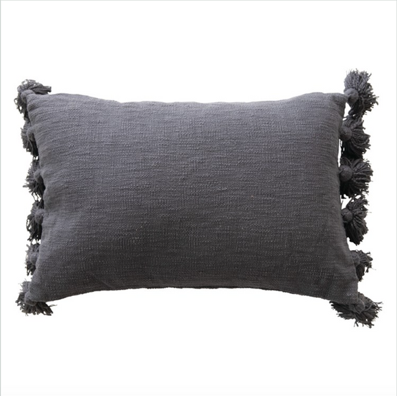 Slate Blue Cotton Slub Lumbar Pillow w/ Tassels