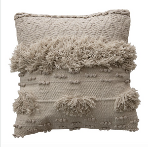 Square Cotton Textured Pillow with Fringe