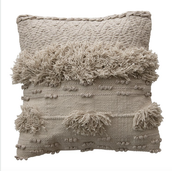 Square Cotton Textured Pillow with Fringe