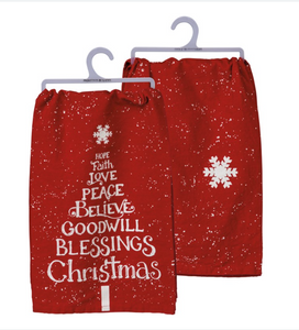 Red "Love Peace Blessings" Tea Towel