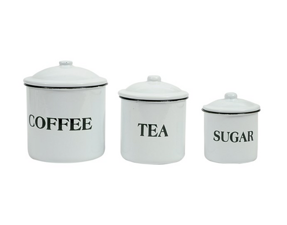 Enameled Coffee, Tea, Sugar Set