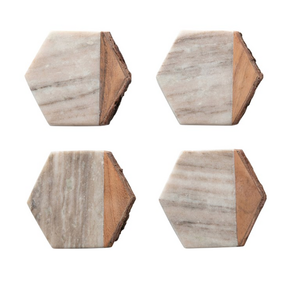 Hexagon Marble & Acacia Wood Coaster Set