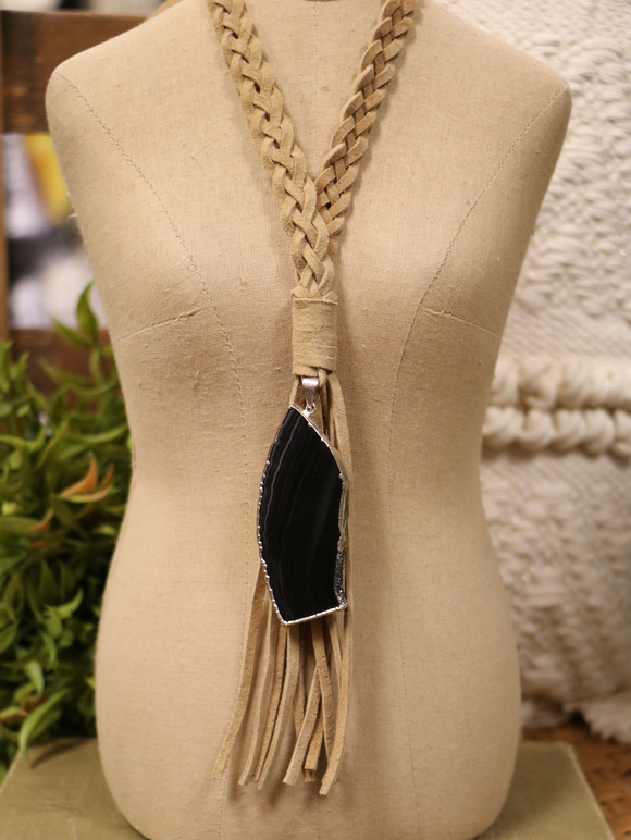 Black Agate Pendant Braided Leather Necklace