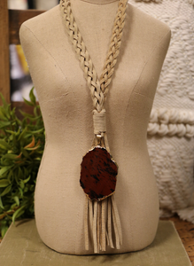 Rust Jasper Pendant + Braided Leather Necklace
