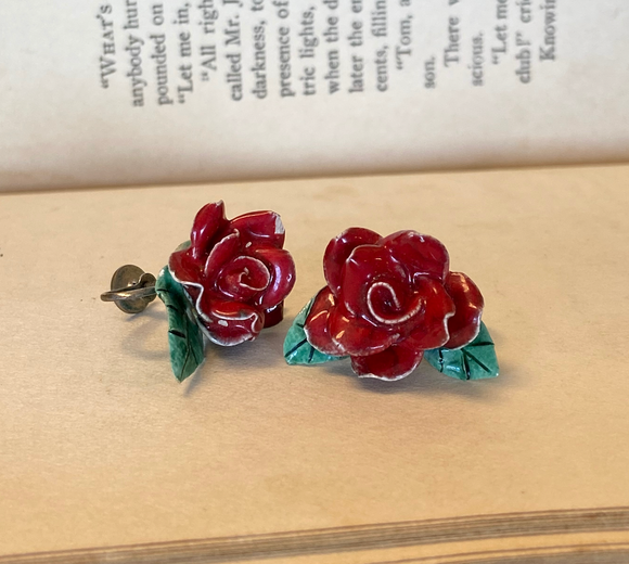 Pair of Vintage Handmade Red Rosette Earrings