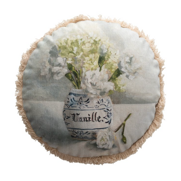 Round Cotton Pillow with Fringe & Flowers in Vase