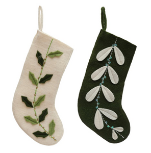 Ivory & Green Felt Stocking w/ Holly Applique