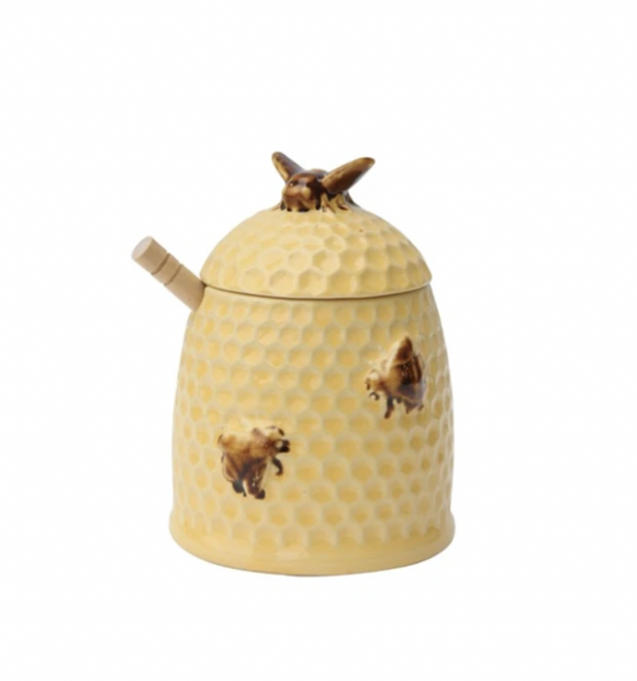 Stoneware Bee Skep Honey Jar w/ Wood Dipper
