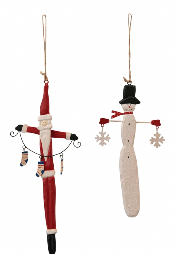 Hand-Painted Wood & Metal Santa/Snowman Ornament