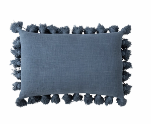 Blue Woven Cotton Lumbar Pillow w/ Crochet & Tassels