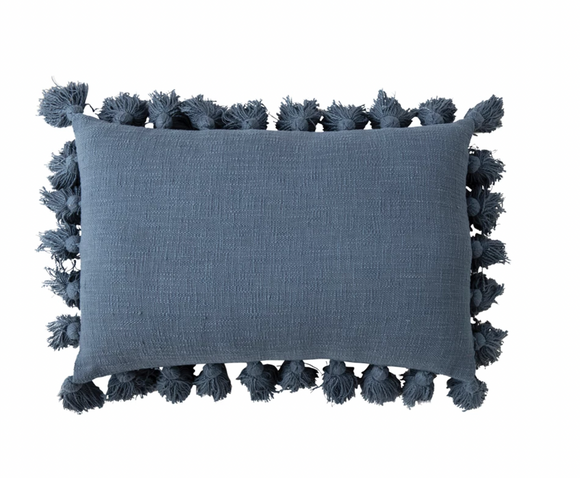Blue Woven Cotton Lumbar Pillow w/ Crochet & Tassels