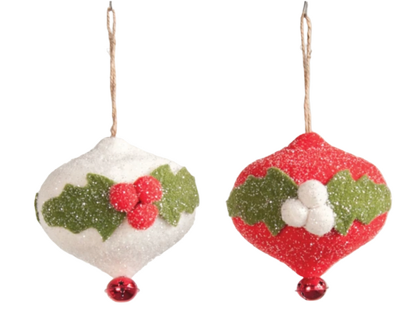 Felt Finial Ornament w/ Holly & Bell