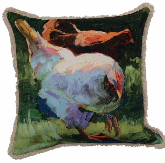 Square Pillow w/ Fringe & Chicken Image